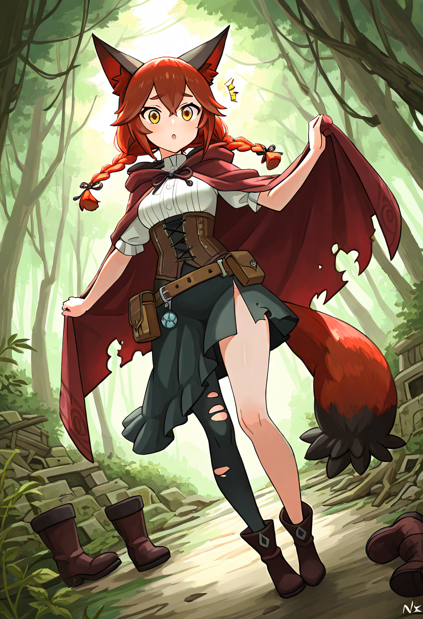 masterpiece, best quality, looking at viewer,      zzNickit, 1girl, solo,   twin braids, windswept fringe, tattered cloak, leather corset top, torn leggings, asymmetrical skirt, utility belt with pouches, overgrown forest ruins, mid-leap pose, alert expression, shafts of sunlight cutting through trees â Leaping from one mossy stone to another in a forgotten woodland shrine, she glances sharply to the side, twin braids snapping behind her. Her tattered cloak flares as she moves, revealing a weathered corset and belt stacked with tiny tools. Leaves crunch beneath her worn boots as she disappears into the ruins like a whisper in the underbrush.  ,<lora:NickitPokedex_IXL_v1:1.0>,  foreshortening, dynamic angle, close up,
