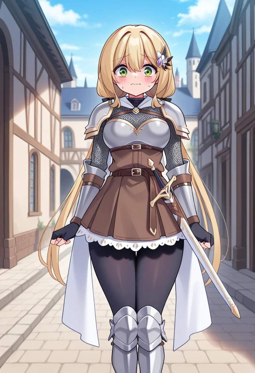 1girl, solo, chanyuusha, blonde hair, low twintails, very long hair, hair ornament, green eyes, medium breasts, chainmail, breastplate, pauldrons, vambraces, fingerless gloves, white scarf, black pants, armored boots, sword, sheathed, outdoors, castle, courtyard, arms at side, legs together, straight-on, wavy mouth, nervous, looking at viewer,