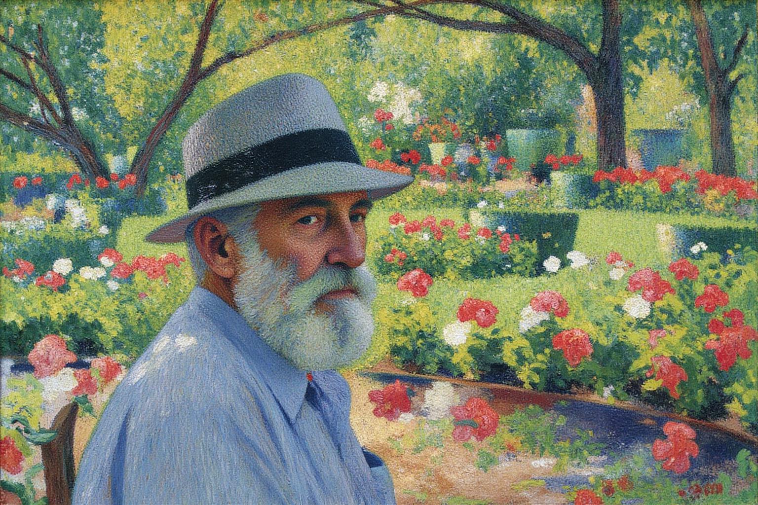 henrimartin1 painting. 
A garden scene with an elderly man in a light blue shirt and dark hat in the foreground. The background has lush vegetation in green, red, and yellow. <lora:henrimartin1_cap_d8a4e12:1.0><lora:851863390702810966:0>