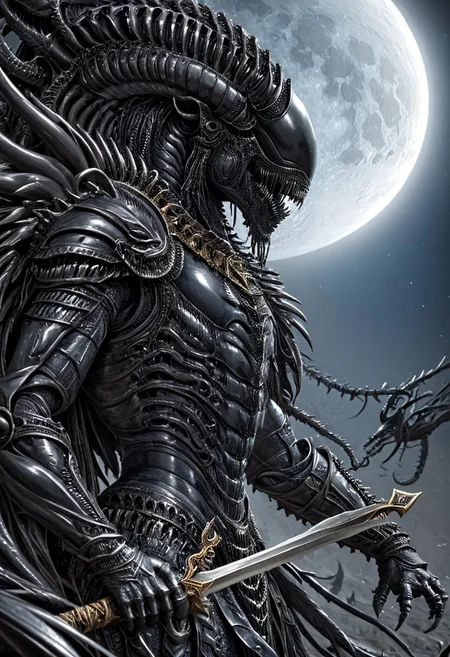 A closeup of fantastical image of a Xenomorph knight, clad in flowing, flowing robes, wielding an ornate, ornate blade. they wield the sword in a fluid, dynamic motion. The moon's reflection highlights their magical power, solo, wide angle, art by hr giger