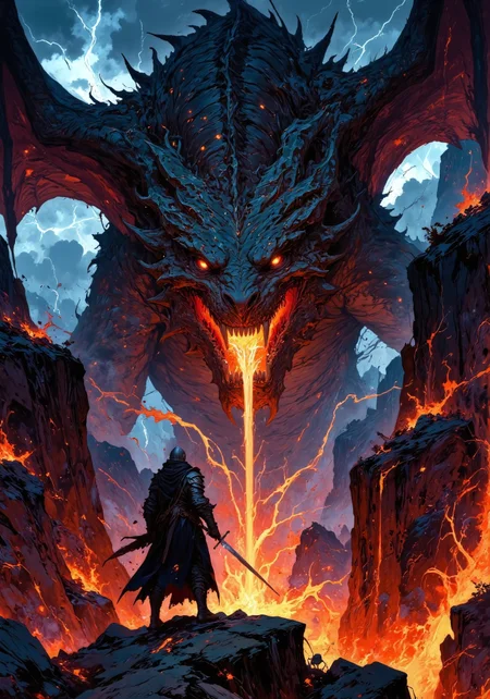 Masterpiece, best quality. A lone knight in battle-worn steel armor stands at the edge of a volcanic chasm, sword raised, facing a colossal dragon and holding a sword. The dragon looks directly at the knight, its obsidian-black scales shimmer with molten reflections, its massive wings outstretched, ember-like eyes glowing with ancient fury. Fire churns in its throat, illuminating jagged fangs as it prepares to unleash a torrent of flames. The knight’s tattered, singed cloak billows in the updraft, his legendary sword pulsating with an eerie silver glow. Rivers of lava cascade down the volcanic cliffs, casting flickering red and orange light onto the battlefield. Embers, smoke and ash swirl through the midnight sky, lightning crackling in the distance. The scene is cinematic and dramatic, with a rich fantasy-art aesthetic, highly detailed textures, and intense lighting effects. sharp image, rim lit, cinematic lighting, 8K resolution. DB4RZ, DB4RZ style painting, painted world, DarkAtmosCE style, FluxEpicDragon