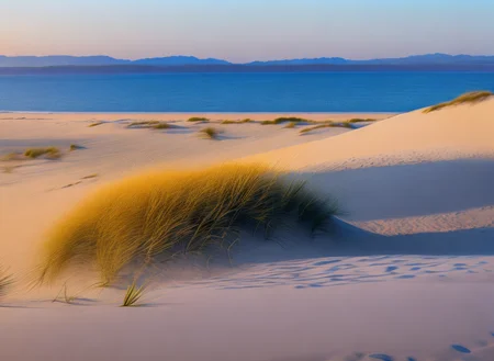 <lyco:sand and sea:1.0> srdg a sandy beach with a few bushes and sand dunes, sunset