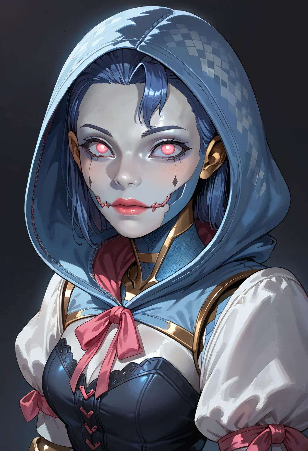score_9,score_8_up,score_7_up,score_6_up,dark background,d0llf4ce,close-up,portrait,from side,looking at viewer,1girl,solo,robot,joints,hood,android,metal skin,mechanical legs,argyle pants,puffy sleeves,blue skin,grey skin,pink ribbon,blue sclera,medium breasts,pink eyes,humanoid robot,corset,blue hair,<lora:MyTrainings\Temp\Apex\Ash_Dollface_Pony_ARZUMATA.safetensors:0.6>