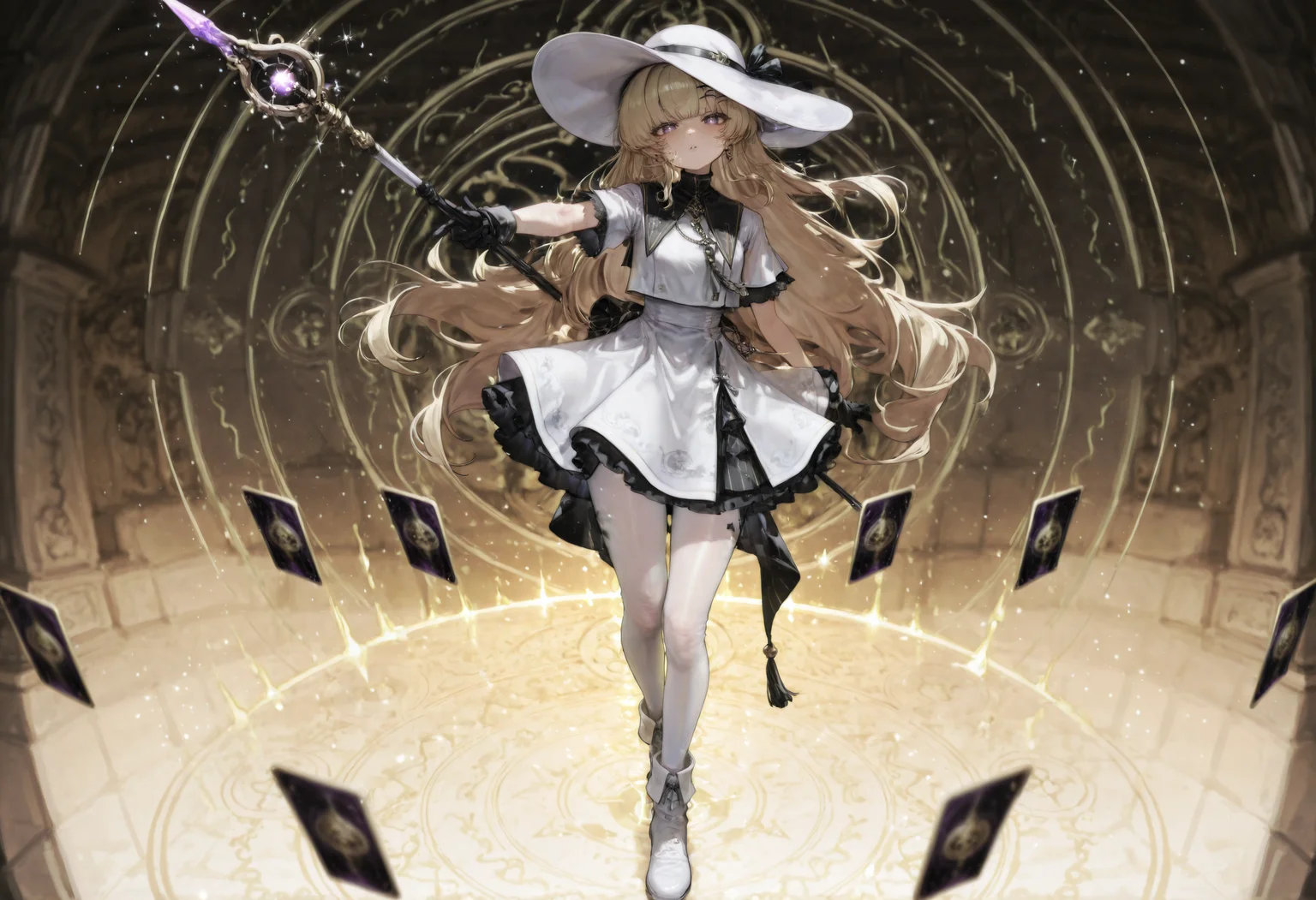 (nyalia:0.8), Yoneyama Mai, (asanagi:0.25), (omone hokoma agm:0.2),Phoebe \(Wuthering Waves\), 1girl, solo, very long hair, blonde hair, long hair, X-shaped hairpin, purple eyes, black gloves, white hat, white dress, jewelry, white pantyhose, see-through pantyhose, white footwear, standing, action pose, dynamic pose, holding staff, staff raised, pointing staff, pointing upward, looking at viewer, hair blowing, windblown hair, front view, sealing wand, clow card, card (object), floating object, magic, magic circle, magical energy, light particles, sparkles, glowing, glowing staff, glowing card, energy trail, light trail, wind, aura, golden light,,masterpiece, best quality, newest, absurdres, highres, very awa, detail pupil, detail background <lora:None:1.0> <lora:绯è²äº¤åæ²feel-Artist_Style_Banpai_Akiraæ©æ¯ããã:0.5000000000000001> <lora:canvassolaris_style_LoRA_for-Illustrious:0.8000000000000002> <lora:æ¶å-ebonyxh_style_LoRA_for-Illustrious:0.30000000000000004> <lora:æ¬åºé·å¤ª-Honjou_Raita_Style-IllustriousXL:0.4000000000000001> <lora:éææ³°(åçµé£æ ¼lycoris)-Blade_&_Soul_Style-Illustrious:0.4000000000000001> <lora:ä»äººæ-Artist_Style_Saboten_Man__WorldSaboten__ãµããã³ãã³:0.5500000000000002> <lora:Wuthering_Waves_Phoebe丨鸣潮_è²æ¯-Illustrious:0.8000000000000002>