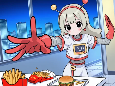 (masterpiece, best quality:1.2), amazing quality, very aesthetic, absurdres, perfect detail,
night, city, skyscraper, tile floor,
fighting stance, reaching towards viewer, throwing burger, french fries, expressionless, blush stickers,
mcsetsuko, android, red_hairband, antennae, earrings, jewelry, white_shirt, print_shirt, short_sleeves, crop_top, white_skirt, red_trim, red_gloves,
<lora:XL_Ill_mcdo-set500-t1:0.9>