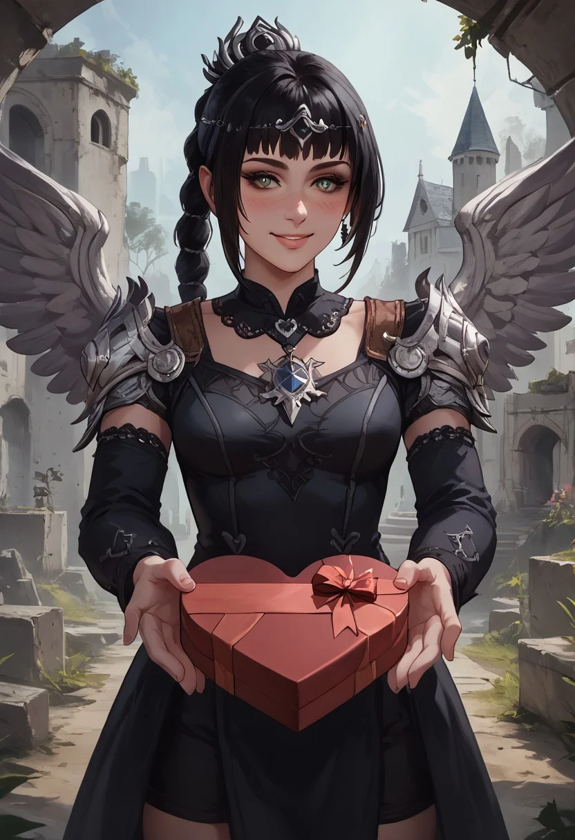 score_9, score_8_up, score_7_up, source_anime, 1girl, solo, perfect face, perfect eyes, shadowheart, black hair, braided ponytail, circlet, smile, <lora:heart-shaped-box-ponyxl-lora-nochekaiser:1>, heart-shaped box, holding, box, gift, valentine, incoming gift, blush, outstretched arms, concept art,
BREAK
detailed background, gothic, outside, camp, ruins, castle, statues