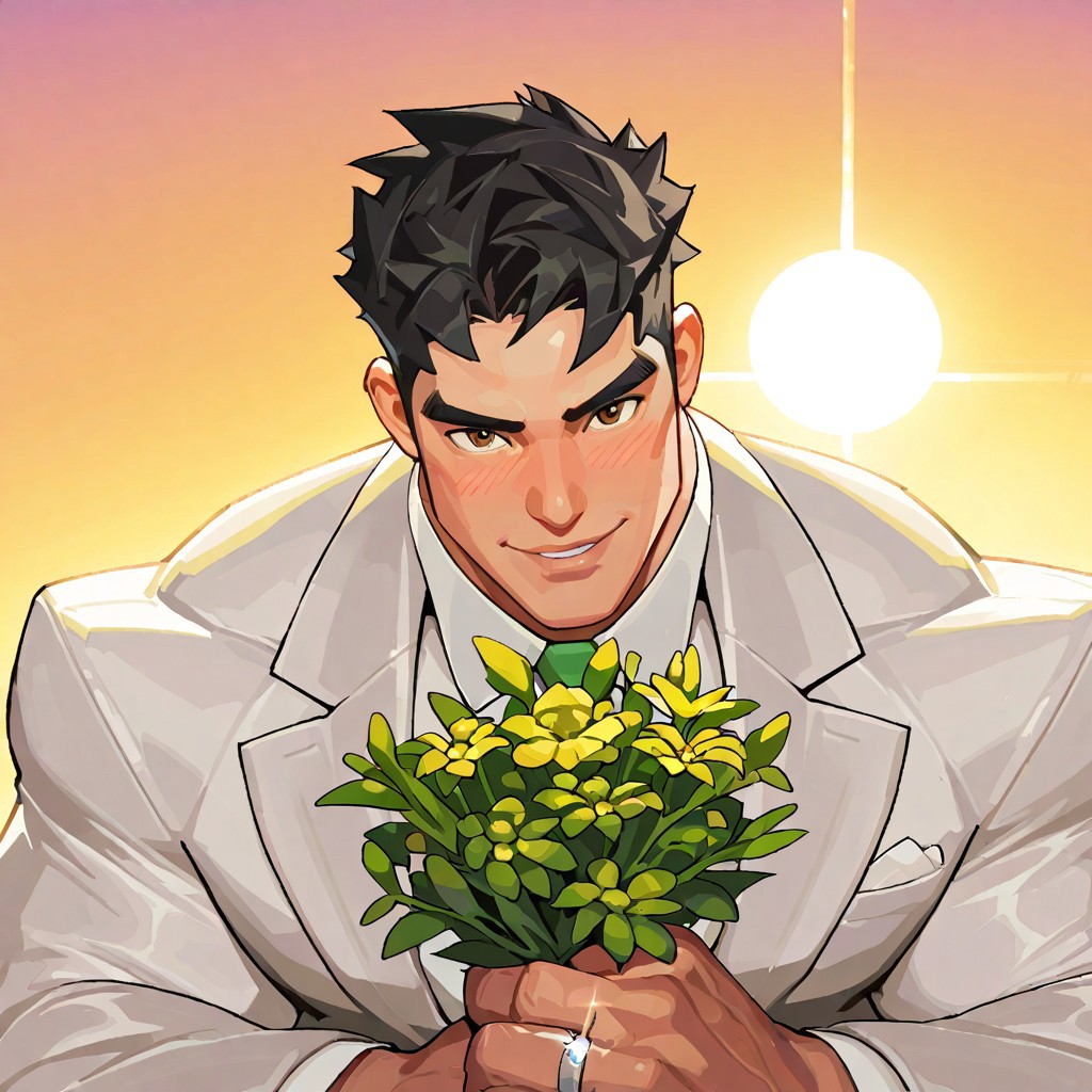 1male focus, Diz_D00dz, 1man focus, masterpiece, best quality, absurdres, newest, perfect quality, best quality, intricate details, (muscular submissive male), (((detailed face))), adams apple, ((((detailed eyes)))), (small waist), bara, abs, ((((muscular male)))), (((((masculine face))))), male focus, solo, ironfist, human, black hair, full lips, athletic build, thick eyebrows, brown eyes ,abs, {{bara}}, big ass, huge pecs, small waist, beefcake, muscular thighs, huge biceps, happy, seductive, seductive gaze, ((pleased look on face)), sunset, colorful lighting, 1boy, chapel, church, white environment, warm lighting, wedding environment, dynamic lighting, volumetric lighting,  Diz_D00dz, white tuxedo, white suit, green and gold tie, upper body focus, facial focus, close up, looking at viewer, high angle, smiling, blushing, wedding ring, holding bouquet of flowers, love, (artist:fl \(l-fl\):0.7), (artist:tooboshoo:0.7), (artist:dizdoodz:0.8) close up, (artist:fl \(l-fl\):0.7), (artist:tooboshoo:0.7), (artist:dizdoodz:0.8)