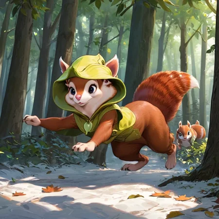 Hoodwink <lora:Hoodwink:.8>, squirrel, in the woods, running on all fours