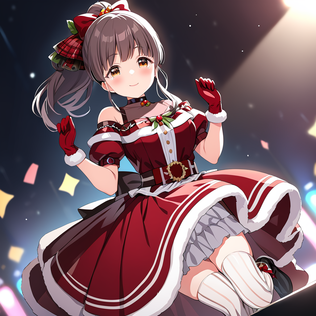 (masterpiece),suzumurayu,1girl,smile,yumas dress,yumas gloves,yumas ankle boots,yu vertical-striped thighhighs,high ponytail,looking at viewer,blush,solo,<lora:SuzumuraYu:0.8>,on depth of field,on stage,happy_tears,cinematic_angle,