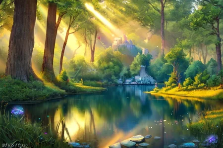(masterpiece:1.2), (best quality,:1.2), 8k, HDR, ultra detailed, ((photorealistic)), professional light, cinematic lighting, fashion photography, ambient lighting, face lighting, <lora:detail_slider_v4:4.>, a small lake in a forest, sunlight, godrays, reeds, FanFo, <lora:FantasyForest-10:0.9>, epiCPhoto