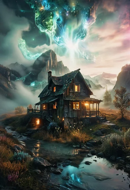 (by Ellen Jewett:1.5), (Bioluminescent Impressionism, The Dreamland), their peaks veiled in mist. mixed media, surrealism, great lighting, A surreal landscape highly detailed . extremely high-resolution details,  appears trapped in an optical illusion of reflections and refractions colorful , mountain cabin, professional photography, natural lighting, volumetric lighting maximalist. intricately detailed, complex, elegant, night, moon, meteor shower, expansive, fantastical, film photography style,  <lora:MJ52:0.3>  <lora:SDXLFaeTastic2400:0.4>  <lora:EpicF4nta5yXL:0.7>.ethereal landscapes, depth of field, biotech emotion:1.3) <lora:xl_more_art-full_v1:0.5> <lora:add-detail-xl:1> <lora:RMSDXL_Creative:2>, GhostlyStyle