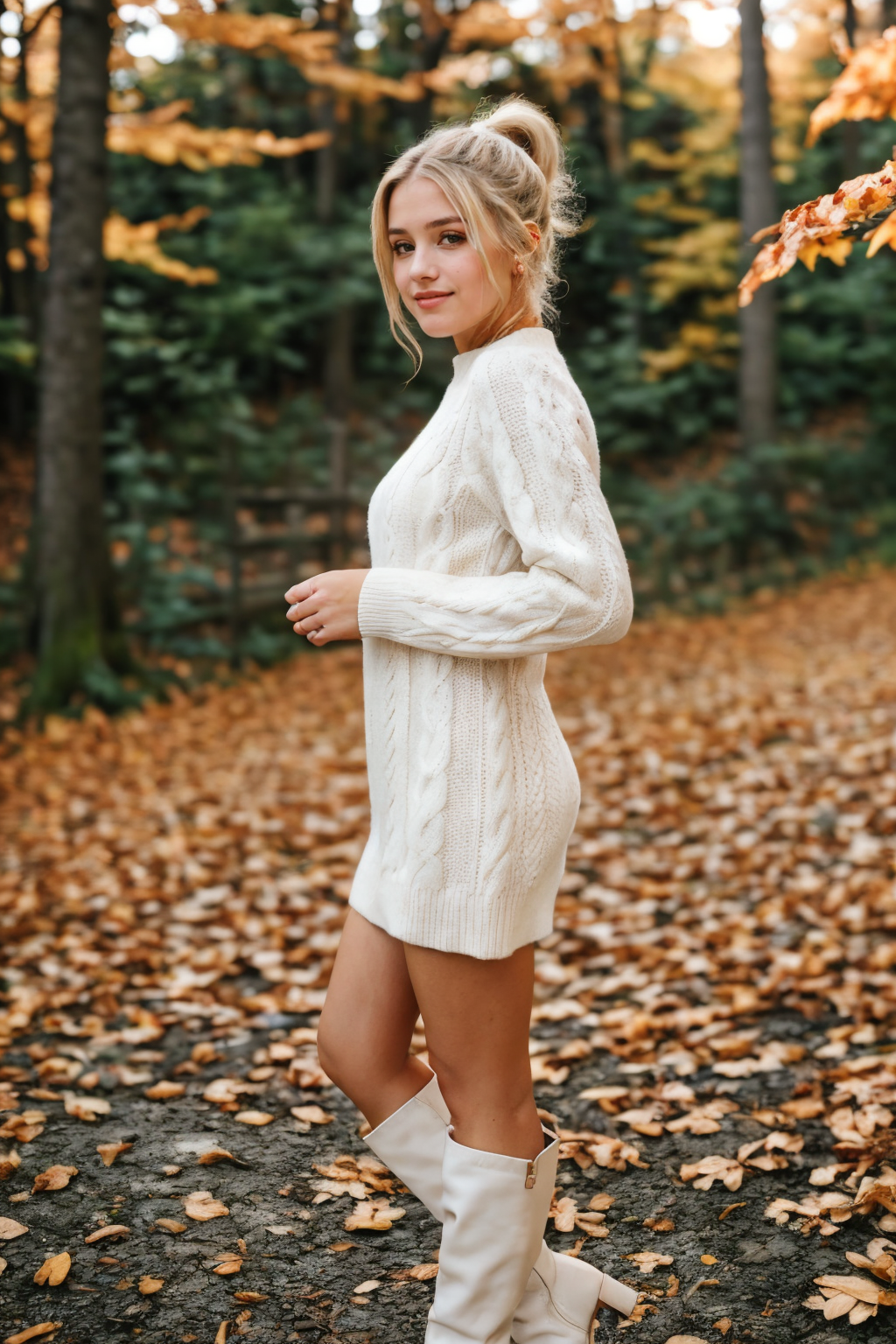 a beautiful college girl with blonde-hair ponytail, irresistible, standing in autumn forest, boots, side view, ideal face, (casual:1.2), wearing white tight knitted sweater dress, pale skin, detailed skin, innocent, natural lighting, film grain, retro, (bokeh:1.3), Porta 160 color, shot on ARRI ALEXA 65, sharp focus on subject, Fujifilm XT-3, <lora:picxer_real:0.8>,  <lora:btknswea:0.7>