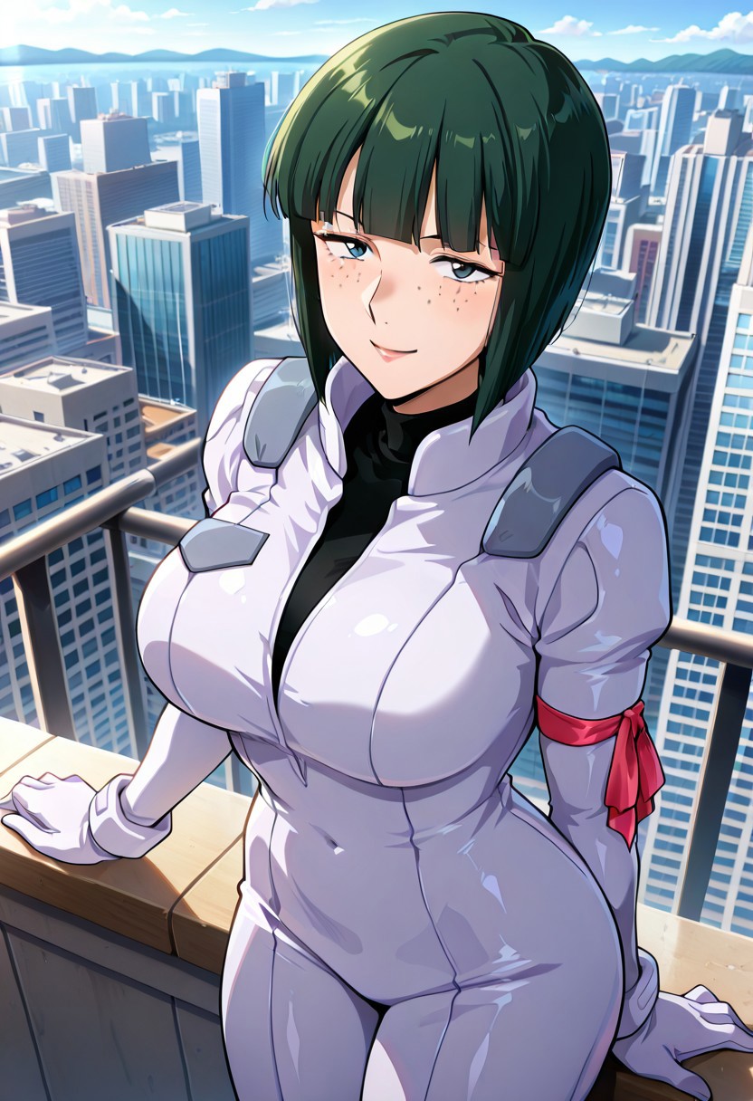 ((masterpiece, absurdres)), best quality, amazing quality, newest, 4k, anime coloring, very aesthetic, ray tracing, Smooth Quality, CG,city view,connie, 1 mature female, green hair, bob cut, freckles, pilotsuit, turtleneck t-shirt, arm ribbon,
