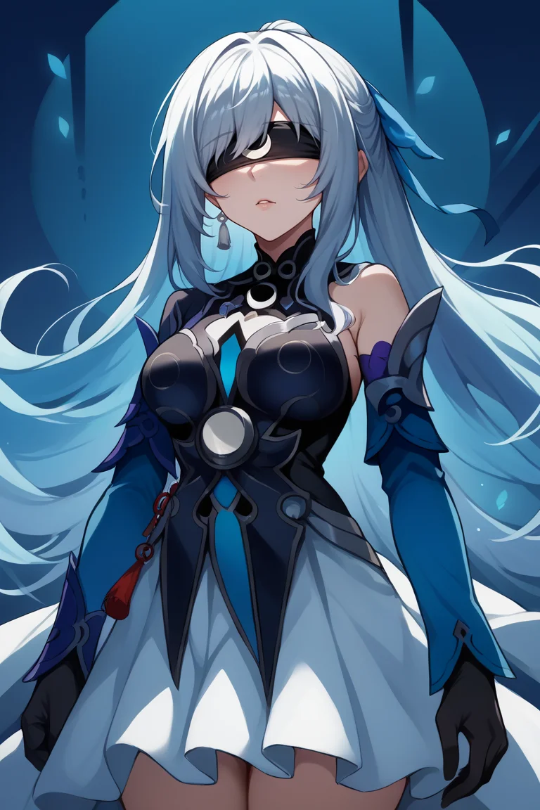 score_9, score_8_up, score_7_up, , rating_explicit,1girl , jgsd, blindfold, crescent(marking), blue armored dress, white skirt, tassels, hair ribbon, gloves, blue sleeves, source_anime, <lora:JingliuPDA8HSR:1>, lineart, volumetric, monotone, abstract background, portrait, establish, facing viewer,