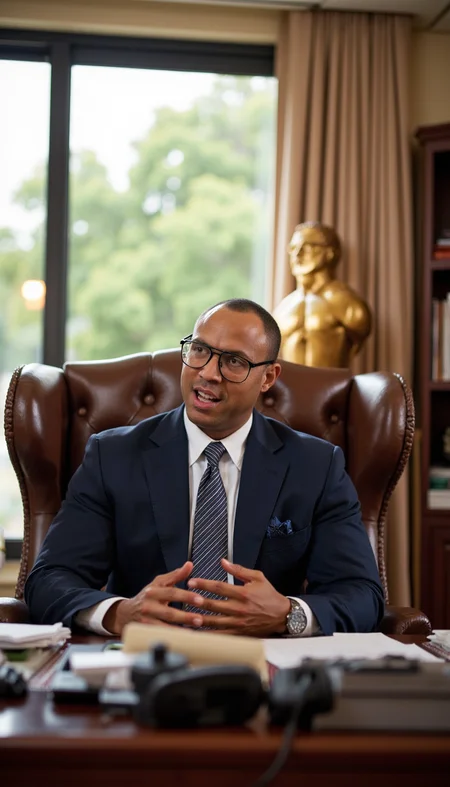 The image is a photograph of a large african_american bodybuilder @brtlmss1 @snlln1 sean allan man in his 20-30s seated behind a large, dark brown leather office chair. The man has short, neatly cut hair and is wearing large, clear, aviator-style glasses. He is dressed in a dark blue suit with a white dress shirt underneath, and a striped tie with subtle vertical lines. His hands are raised in a gesturing motion, palms facing outward, as if he is explaining or discussing something. 
The background features a large window with beige curtains that are slightly open, allowing natural light to filter into the room. The window frame is visible, and the outside view shows green foliage, suggesting the office is located in a building with a view of a lush garden or park. On the right side of the image, there is a bookshelf filled with books and a few other decorative items, including a large golden bodybuilder statue. The desk in front of the man is cluttered with papers and a few other objects, adding to the professional and busy atmosphere of the office. The overall color palette is warm, with the rich brown of the leather chair contrasting against the light beige of the curtains and the green of the outside view.
 brutalmass  hsmuscleboy 
<lora:LoannesAlanus.v1.@snlln1.char.flux1d_epoch_23:0.9>