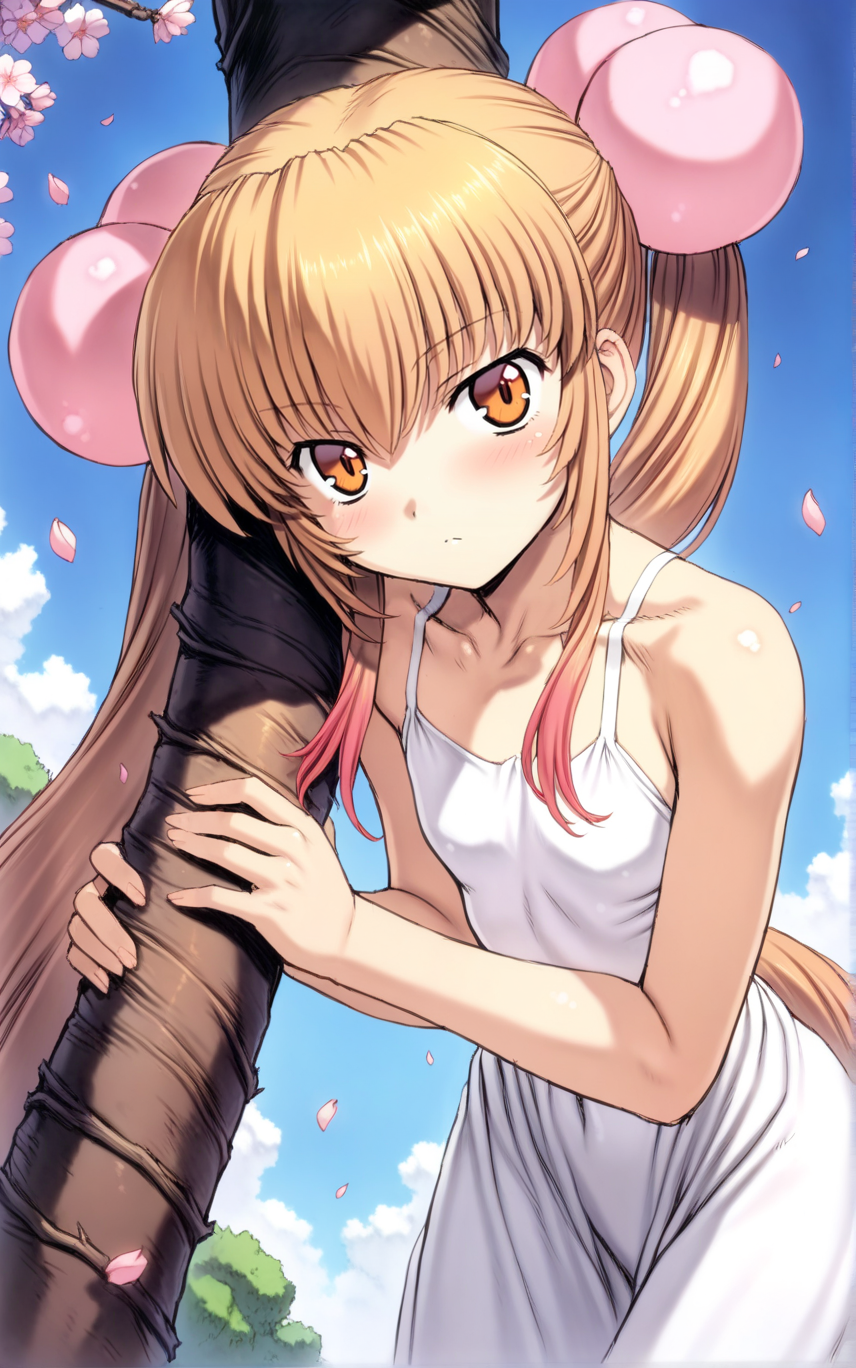 1girl, kokonoerin, brown eyes, hands on tree, white sundress, serious, brown eyes, cowboy shot,cherry blossoms, falling petals, pink petals, blue sky, looking up,dynamic lighting, 
BREK masterpiece, best quality, very aesthetic, by mogudan, 
<lora:KokonoeRin_XL:1>