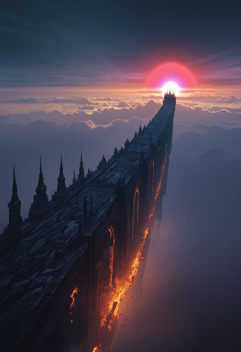 dmsty, Sundawn, Landscape, Sci-fi, coloss, 1castle, heavy armored,Fantasy, dmsty, masterpiece, best quality, good quality, newest, highres, absurdres, solo, dark atmospheric, burning fields, Attack, Large scaled, detailed, intricate, Red/purple sun, Clouds, hyperdetailed, (raytracing:1.3), (ambient occlusion), (cinematic lighting:1.3), (chromatic aberration), (4K image quality:1.3), (sharp detail:1.3), (highly realistic:1.3), (dim warm cinematic lighting:1.3)
