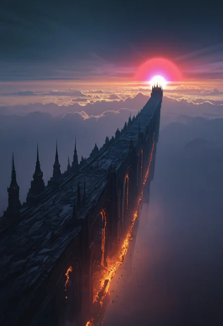 dmsty, Sundawn, Landscape, Sci-fi, coloss, 1castle, heavy armored,Fantasy, dmsty, masterpiece, best quality, good quality, newest, highres, absurdres, solo, dark atmospheric, burning fields, Attack, Large scaled, detailed, intricate, Red/purple sun, Clouds, hyperdetailed, (raytracing:1.3), (ambient occlusion), (cinematic lighting:1.3), (chromatic aberration), (4K image quality:1.3), (sharp detail:1.3), (highly realistic:1.3), (dim warm cinematic lighting:1.3)