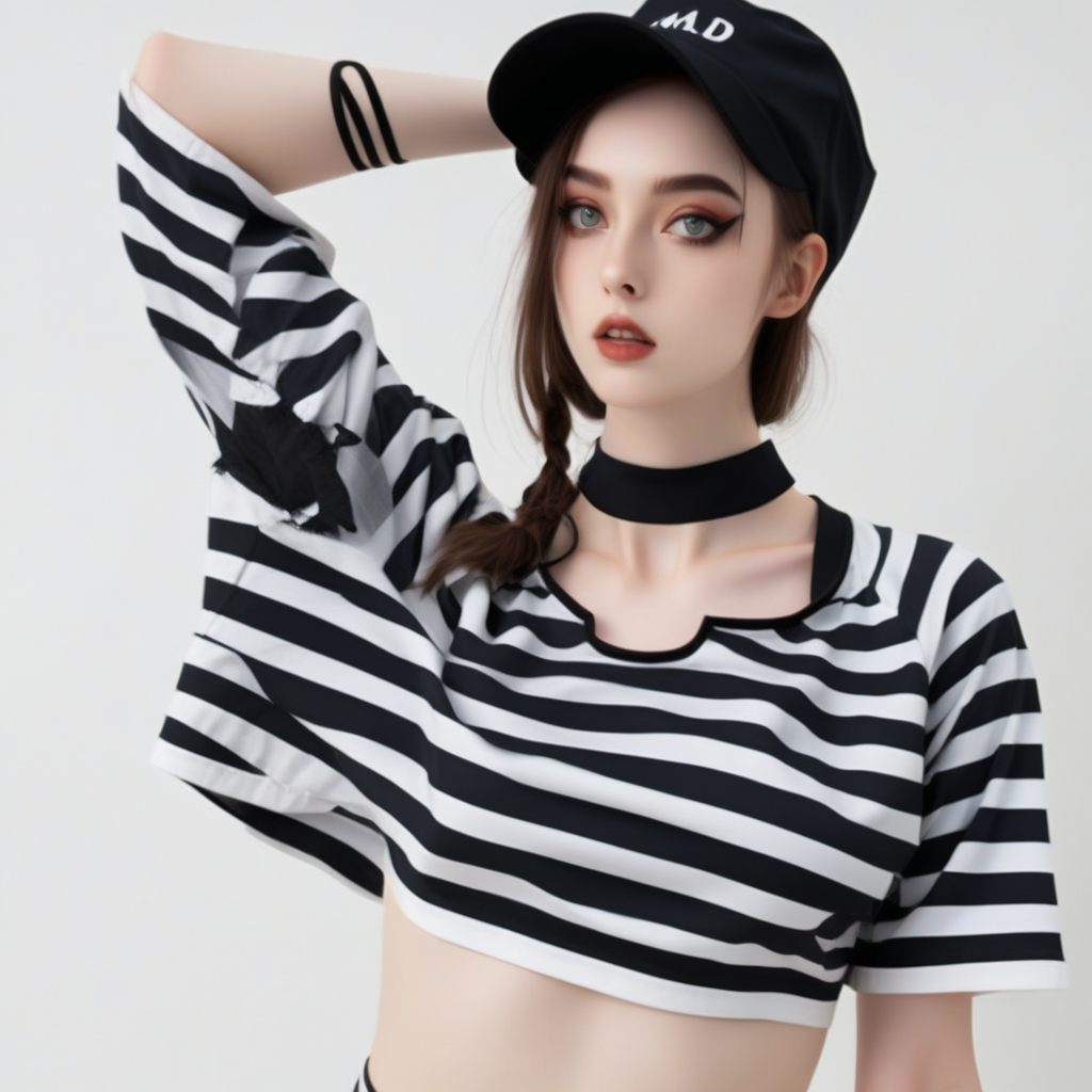 mirror, black choker, arms up, o-ring, striped, raglan sleeves, maid, hat, sports bra