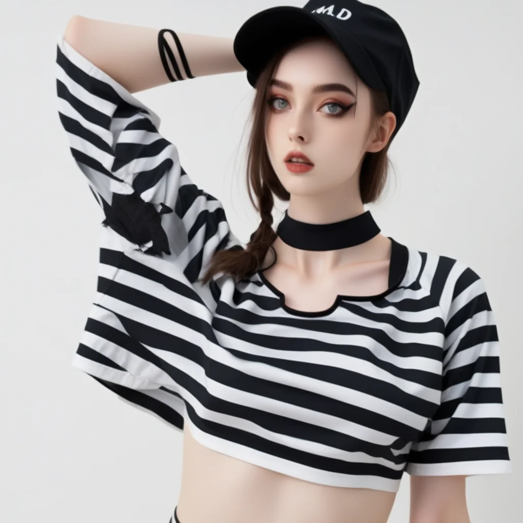 mirror, black choker, arms up, o-ring, striped, raglan sleeves, maid, hat, sports bra