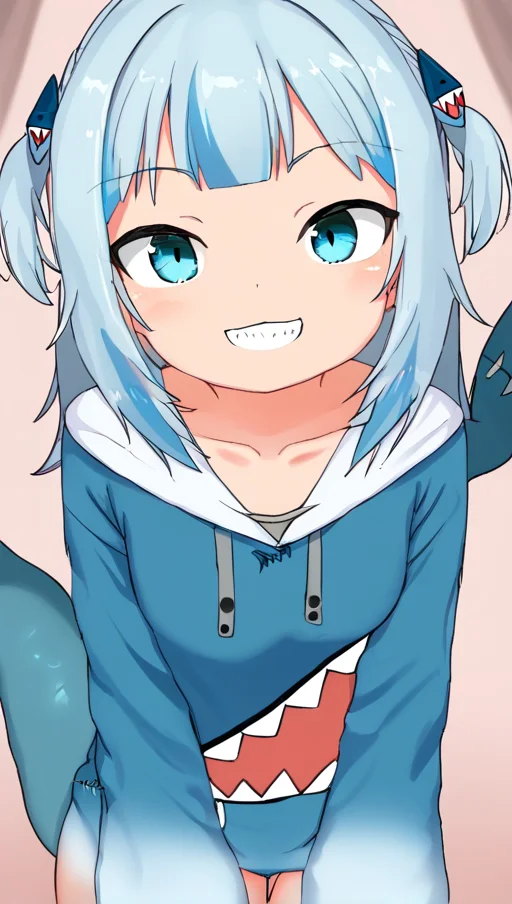 1girl,gawr gura,flat chest,blue hoodie,two side up,shark hair ornament,shark tail,smile,looking_at_viewer,<lora:gawr_gura_sdxl_pony:0.8>,<lora:Abmayo_Style:1>,