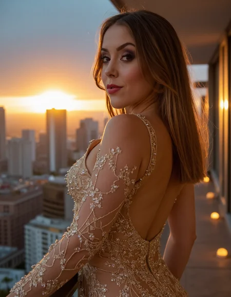 Subject: A woman standing on a luxurious, penthouse balcony overlooking a breathtaking cityscape at sunset.
Lighting: Warm, golden light from the setting sun casting a dramatic ambiance.
Camera Angle: Low angle shot, looking up at the woman's face as she gazes out at the viewer.
Composition Style: Leading lines of the city skyline converge to her eyes.
Clothing: Turtleneck, long-sleeved evening gown in metallic gold with beaded embroidery.