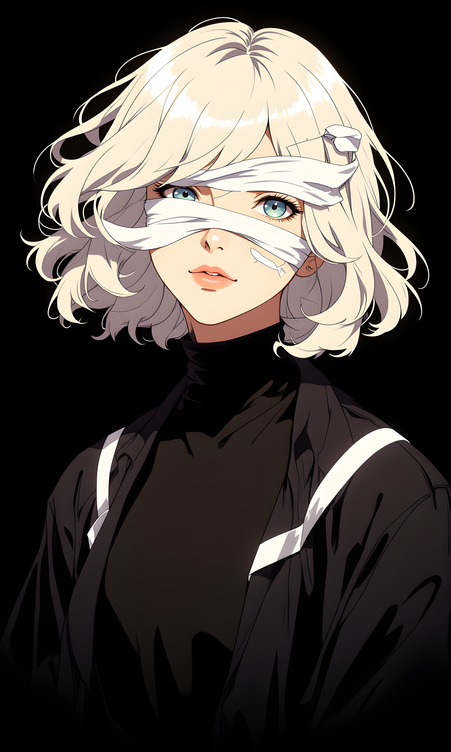 The subject is a person with striking, platinum blonde hair that appears to be styled in an avant-garde manner. The hair is voluminous and dynamic, giving the impression of movement or wind. The most distinctive feature is the white ribbons wrapped around the subject's head, partially obscuring their eyes and adding an element of mystery and artistic expression. 
The subject's facial expression is neutral, with closed lips and a calm demeanor. The eyes are not visible due to the ribbons, which adds to the enigmatic quality of the image. The overall expression conveys a sense of serenity and introspection. 
The subject is facing slightly towards the camera, with their head tilted at a subtle angle. This pose allows for a clear view of the face and the intricate arrangement of the ribbons. The posture is relaxed yet poised, suggesting a deliberate and thoughtful presentation. 
The subject is wearing a black outfit consisting of a high-necked top and a structured jacket. The clothing is simple yet elegant, with clean lines and a sophisticated silhouette. The black color contrasts sharply with the white ribbons and the light hair, creating a visually striking composition. 
The camera is positioned at eye level, capturing the subject from a medium close-up distance. This angle allows for a detailed view of the face, hair, and ribbons while still including part of the upper body. The framing centers the subject, drawing immediate attention to the unique hairstyle and the ribbons. 
The lighting is soft and even, with no harsh shadows. The light source appears to be coming from the front, illuminating the subject's face and hair evenly. The contrast between the light hair and the dark background is enhanced by the lighting, making the subject stand out prominently. 
The background is a solid, dark color, likely black, which provides a stark contrast to the subject. The simplicity of the background ensures that all attention is focused on the subject and their unique appearance. There are no other elements or distractions in the background, emphasizing the artistic and conceptual nature of the image. 
The composition is balanced and carefully constructed. The subject is centered in the frame, with the ribbons and hair creating interesting lines and shapes that lead the viewer's eye around the image. The contrast between the light hair and ribbons against the dark background and clothing creates a strong visual impact. The overall composition is both striking and thought-provoking, inviting the viewer to contemplate the artistic choices and the message behind the image. 
BREAK anime, d13s3lp2nk, bboil artist style, OBdonman, Anime art, <lora:FLUX\Anime Art V3:0.2>, <lora:FLUX\Synesthesia:0.2>, <lora:FLUX\RetroAnimeS1.1:0.5>, <lora:FLUX\Flux-jijia:0.1>, <lora:FLUX\It's a LoRA for portraits, BUT! actually specialized in backgrounds. v1.0:0.1>, <lora:FLUX\GLSHS:0.2>, <lora:FLUX\Dieselpunk Delight - s0_9 g4:0.4>, <lora:FLUX\OBdonman, anime0style portrait:0.1>