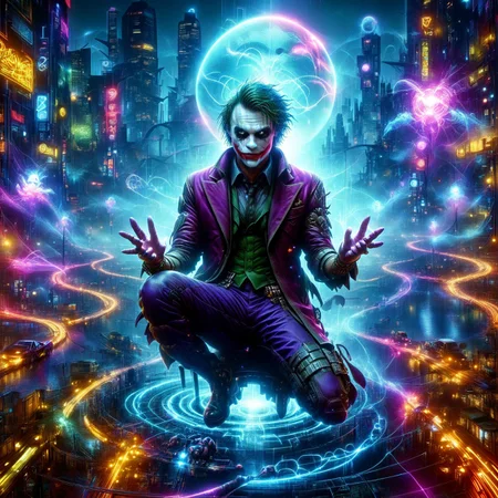 Cyberspace, PEJoker, An epic photo of The Joker floating in cyberspace, ((created by glowing magical energy in cyberspace)), virtual reality, (hologram:0.6), digital city, (matrix inspired landscape:1.2), neon streets, (cyberpunk art:0.8), cyberpunk netrunner's digital world, realistic, masterpiece, best quality, highly detailed, sharp focus, dynamic lighting,