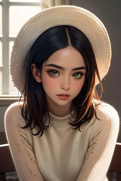 (masterpiece, best quality), female midlife, wholesome, southeast asian, dark green eyes,  nostril flared nose,   chiseled cheeks, broad forehead, diamond face shape,   , mahogany shag haircut hair, gratitude wearing g-string, camisole, sneakers, bonnet,, wearing a hat, wearing a hat with a seductive look, adding a touch of mystery and allure, soft lighting, gentle, diffused light that wraps the characters in a warm and dreamy glow