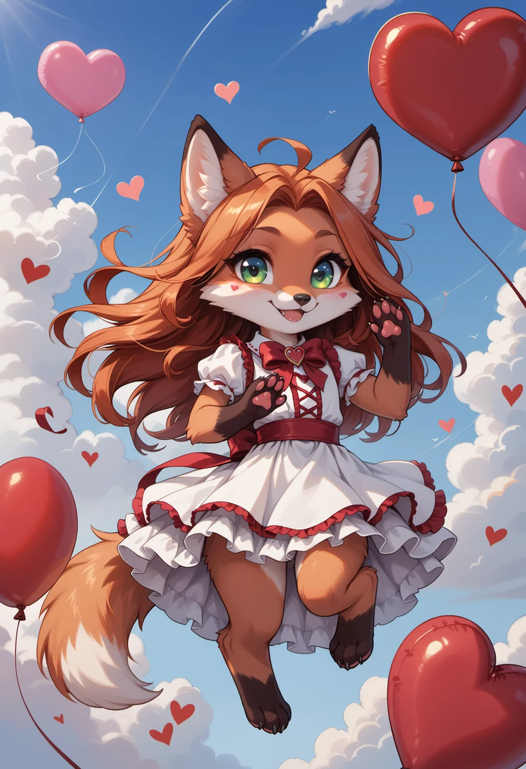 score_9, score_8_up, score_7_up, source_furry, rating_safe, simple illustration,
valentine theme, valentine's day card design, love theme, sky, clouds, hearts,
1girl, solo, dynamic angle,
furry female, (semi-anthro fox girl:1.2), (chibi:1.2), beautiful girl, (cute girl:1.2), beautiful face, detailed face, perfect eyes, detailed eyes, big eyes, green eyes, orange hair, long hair, (paws:1.1),
dress,
(balloon:1.1), holding balloon string, flying, floating, dynamic pose, happy, wide smile,
<lora:princess_xl_v2:0.6>, <lora:p_ami_v10_adafactor:0.4>, <lora:incase-ilff-v3-4:0.5>, <lora:CleanDetailed_Eyes:0.25>,âââ