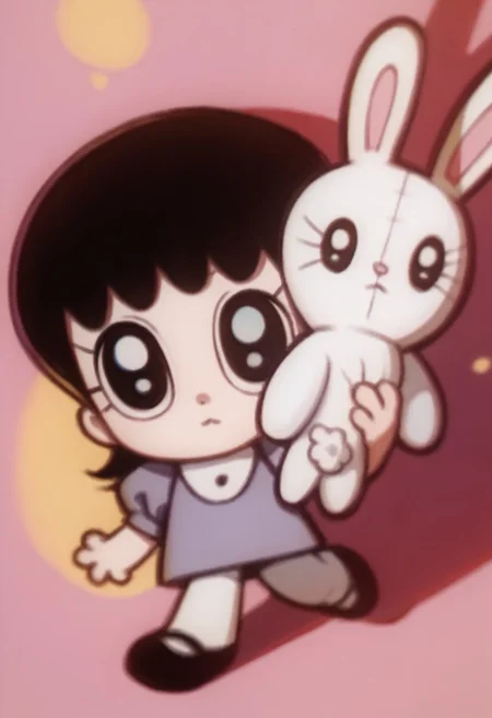 score_9, score_8_up, score_7_up BREAK AyeEyes, 1girl, black hair, black eyes, white buttoned collar, puff sleeve purple dress, white stockings, black mary jane shoes, holding white bunny plush, staring at viewer, chibi size, chibi style,