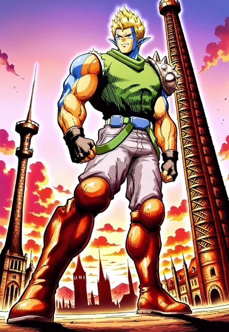 masterpiece, best quality, amazing quality, very aesthetic, absurdres, newest, ffl1mutantmal standing outside looking at a giant tower, 1boy, male focus, muscular, spiked hair, blonde hair, green sleeveless shirt, two-tone skin, single spiked pauldron, kneehigh boots, black fingerless gloves, blue eyes, gray pants, suspenders hanging, sky, tower, huge tower, looking up, dutch angle