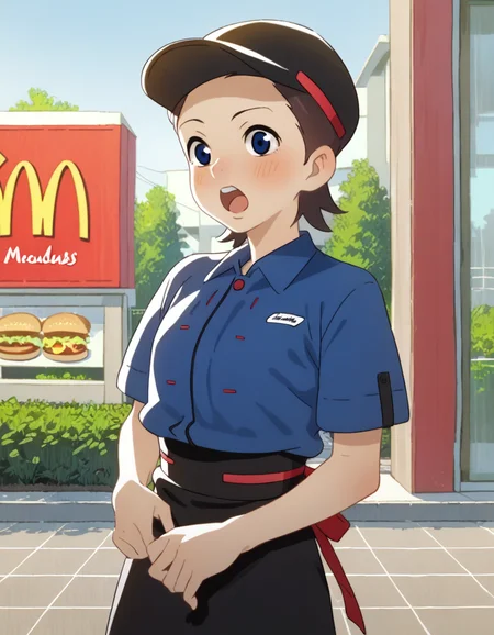 score_9, score_8_up, score_7_up, source_anime, <lora:hibino-hoshino-ponyxl:0.9> sumire, 1girl, solo, looking at viewer, blush, hat, open mouth, blue shirt, black waist apron, polo shirt, outdoors, mcdonald's