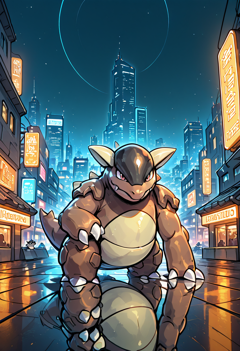 masterpiece, best quality, no humans,    zzKhan, kangaskhan, 1pokemon, cityscape, skyline, rooftop, neon lights, night sky, glowing billboards, distant traffic, shadows, reflective metal, cyberpunk vibe Above the hum of the neon-lit city, zzKhan prowls a rooftop, framed by glowing signs and distant sirens. Her massive frame is silhouetted against the pulse of a digital skyline, and each movement sends shadows crawling across slick steel. The metropolis below pays no mind â but she watches it all.     ,<lora:KangaskhanPokemon_IXL_v2:1.0>,