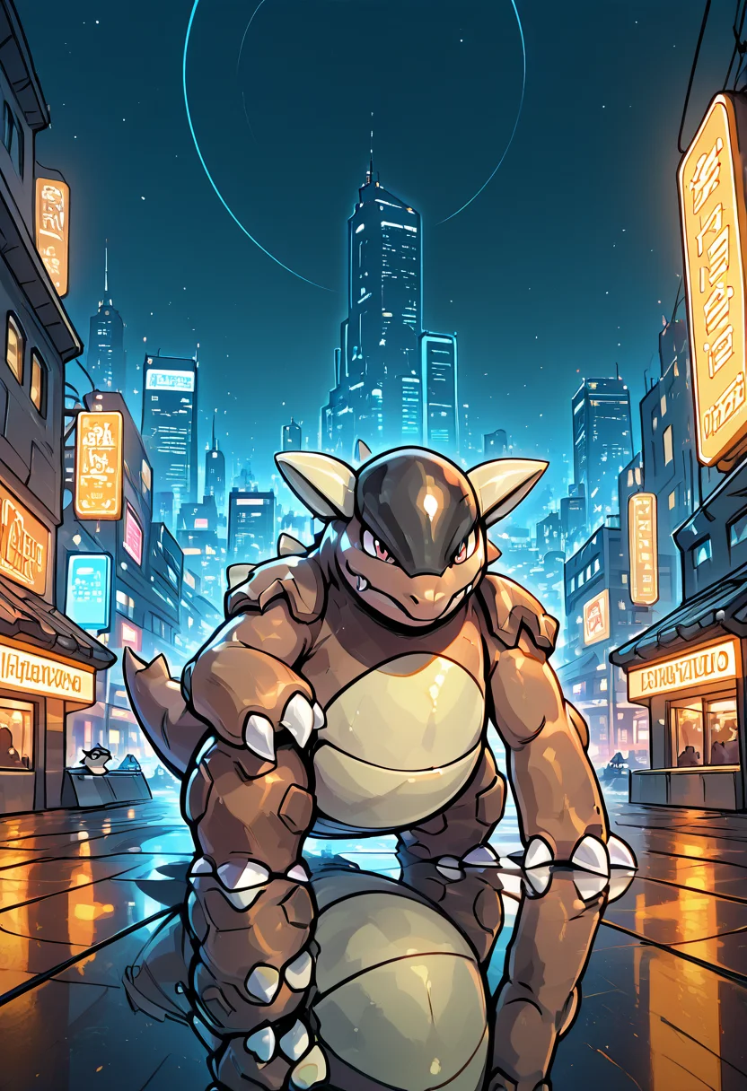 masterpiece, best quality, no humans, zzKhan, kangaskhan, 1pokemon, cityscape, skyline, rooftop, neon lights, night sky, glowing billboards, distant traffic, shadows, reflective metal, cyberpunk vibe Above the hum of the neon-lit city, zzKhan prowls a rooftop, framed by glowing signs and distant sirens. Her massive frame is silhouetted against the pulse of a digital skyline, and each movement sends shadows crawling across slick steel. The metropolis below pays no mind â but she watches it all. ,<lora:KangaskhanPokemon_IXL_v2:1.0>,