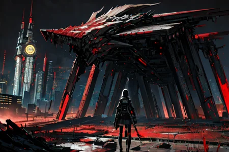 highly insanely detailed, masterpiece, top quality, best quality, highres, 4k, 8k, RAW photo, (very aesthetic, beautiful and aesthetic),
tsutomu nihei,nihei_tsutomu,blame!,blame gakuen!,abara,TNstyle,sidonia_no_kishi,(city ruins,tower),lantern,bones,wire,bridge,dark background,decrepit,blm,cyberpunk,flock,dystopia,destroyed,science fiction,vast scenery,perspective,empty,open space,no human,
<lora:ABARA:0>,
(1girl:1.3),
solo focus,
rich red background,âââ