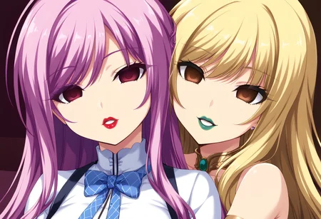 anime, empty eyes, hypnotized, blank stare, expressionless, two girls, adult, close up, lipstick, red lipstick, yellow lipstick, green lipstick, blue lipstick, purple lipstick, pink lipstick, black lipstick, lip gloss, long hair, hug from behind