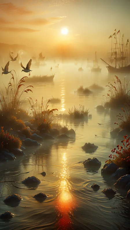 In the early hours of the morning, before the sun is high in the sky, the mist envelops the surface of the water and creates a heavenly atmosphere. The gentle lapping of the waves on the shore is the only sound that breaks the silence. As the first golden rays of sunlight penetrate into the distance, a chorus of birds awakens, their melodies harmonizing with the rhythm of the sea. The morning mist glistens with the promise of a new day, a beautiful sight. The picture is vivid, translucent and intricate with many details, many particulars can be seen, style by Matthias Haker, william turner,
<lora:Paul_Signac_Neo-Impressionist_dotted_paintings_Pointillism:1> ah_signac <lora:TQ_-__Kids_Storybook_Illustrations_XL-000006:0.5> <lora:ral-lava-sdxl-v2:0.5> ral-lava <lora:ral-ertmsphr-sdxl:1> ral-ertmsphr