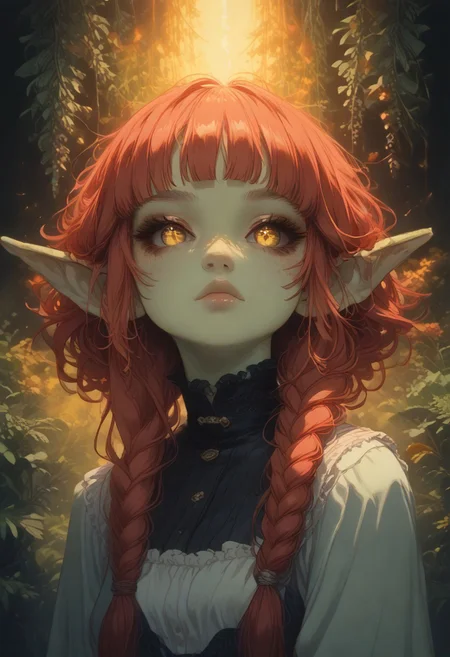 (Score_9:1.1), score_8_up, score_7_up,
(glimmer,glitter,limited lighting, high contrast, highres, closed_mouth:1.4, absurdres),(leaning forward:0.4)
Fl0ralD0lls ,Goblin
solo, short stature, shortstack, pointed ears, big eyes,goblin ears, goblin woman, green skin, big eyes, glimmering eyes, (black sclera, slit pupils, yellow iris, glowing iris), (ferns:1.3), realistic, focus on face, hime cut, red hair,((hair in very long single braids)), big lips, full lips, glossy lips, matte skin, matte colours