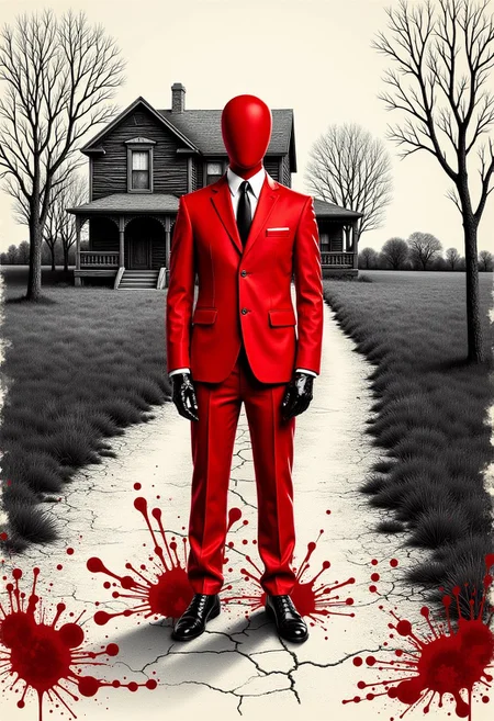 ink splats,
A lonely figure in a vibrant red suit, faceless and still, standing on a cracked dirt road leading to a weathered, empty house, where natural realism contrasts with the bold graphic surrealism of the faceless character.