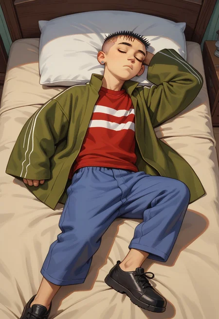 EdCharacter, score_9, score_8_up, score_7_up,1boy, solo, male, male focus, yellow skn, black hair, buzz cut hair, black unibrow, round ear, small nose, tall,, dark olive green jacket, red and white striped t-shirt, baggy blue pants, black shoes, sleeping, laying, closed eyes