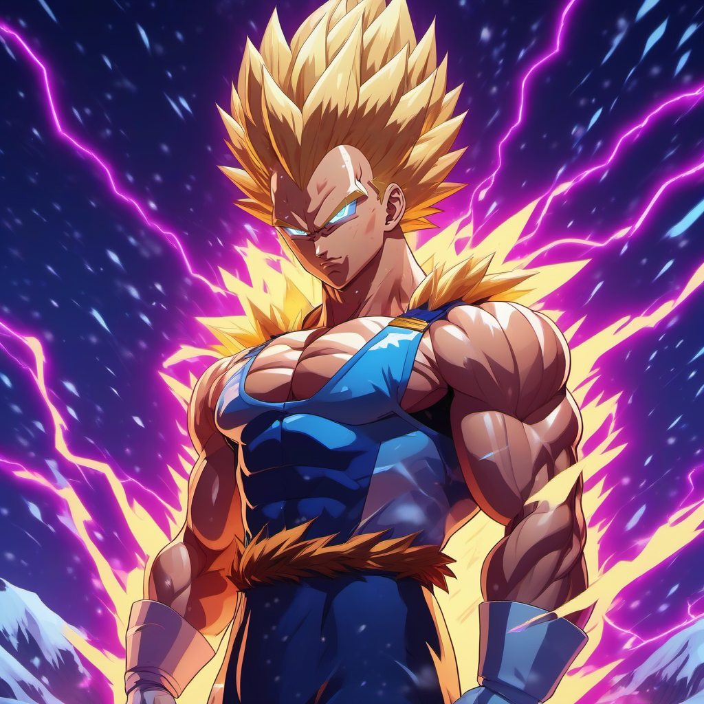 anime artwork full body portrait of a muscular man, blond spiked hair, super saiyan, glowing, electricity , solo, in the snow <lora:Vegeta1024:0.8>  . anime style, key visual, vibrant, studio anime,  highly detailed
