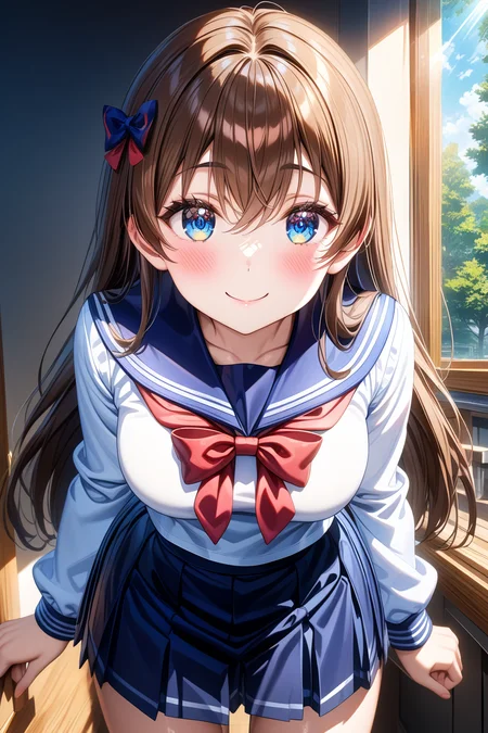 16k, 8k, 4k,
best quality, extremely detailed fine touch, hyper detailed, highly detailed, top quality, extreme quality, ultra details, absurdres, masterpiece,
amazing details, beautiful illustration, detailed face,
high resolution, highres,
digital painting, anime,
very aesthetic, natural light, sun light, light rays, dappled light, reflection, shadows, ray tracing, soft lighting,
bright colors, vivid colors, hdr, volumetric lighting,
<lora:Fuuka Sasaki(sdxl):0.8> Fuuka_Sasaki, 1girl, bangs, blue eyes, blue sailor collar, blue skirt, blush, bow, breasts, brown hair, eyebrows visible through hair, hair between eyes, hair bow, leaning forward, long hair, long sleeves, looking at viewer, pleated skirt, red bow, sailor collar, school uniform, serafuku, skirt, smile, solo, tree, window