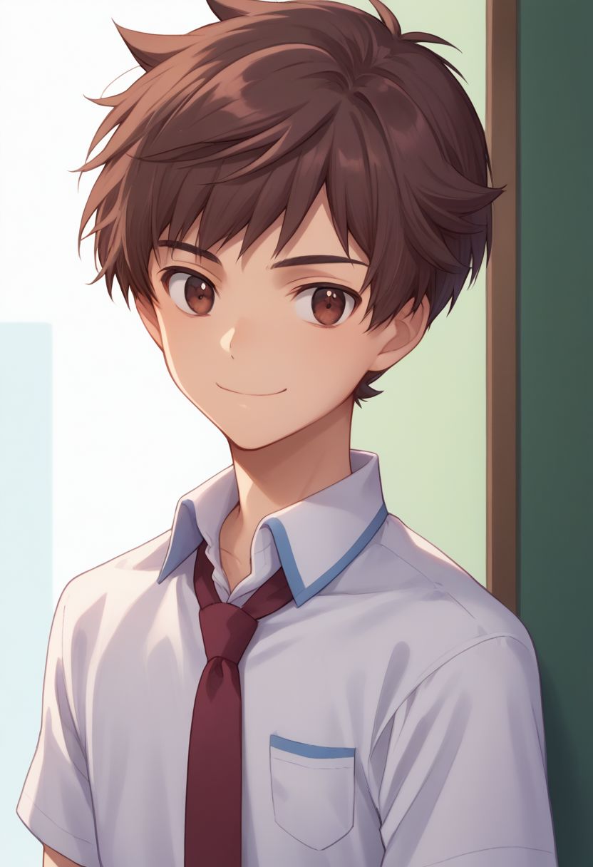score_9, score_8_up, source_anime, highly detailed, 1boy, solo, skinny,
kazuki, 1boy, male focus, brown hair, solo, necktie, shirt, brown eyes, white shirt, collared shirt, closed mouth, red necktie, short hair, school uniform, bangs, upper body, smile,
indoor,
