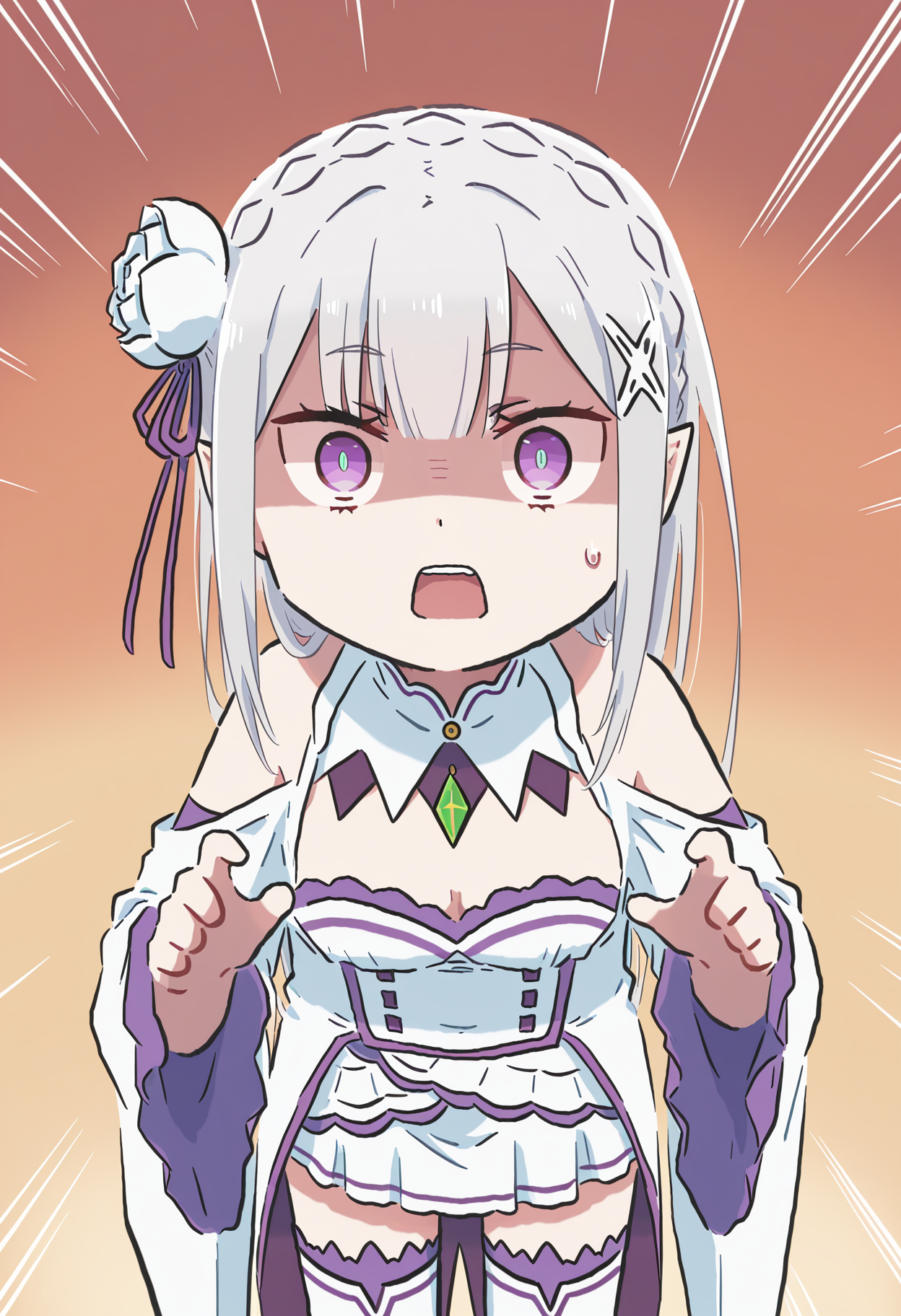 masterpiece,best quality,high resolution,source_anime,highly detailed illustration,
seductive, detailed eyes, very aesthetic,absurdres,newest, amazing quality,
detailed eyes, absurdres,newest, amazing quality,
<lora:shiXinzoroV1ill:0.65>, shixinzoruo, 
1girl, solo,
<lora:shiEmiliaV12ill:0.9>,  shimilia, long hair, grey hair, purple eyes, pointy ears, crown braid, hair flower, hair ribbon, purple ribbon, x hair ornament, white dress, cleavage, bare shoulders, wide sleeves, white thighhighs, thigh boots,
looking at viewer, sweatdrop, close-up, open mouth, surprised, emphasis lines, shaded face, surprised,
