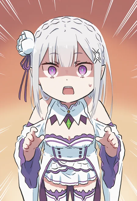 masterpiece,best quality,high resolution,source_anime,highly detailed illustration,
seductive, detailed eyes, very aesthetic,absurdres,newest, amazing quality,
detailed eyes, absurdres,newest, amazing quality,
<lora:shiXinzoroV1ill:0.65>, shixinzoruo,
1girl, solo,
<lora:shiEmiliaV12ill:0.9>, shimilia, long hair, grey hair, purple eyes, pointy ears, crown braid, hair flower, hair ribbon, purple ribbon, x hair ornament, white dress, cleavage, bare shoulders, wide sleeves, white thighhighs, thigh boots,
looking at viewer, sweatdrop, close-up, open mouth, surprised, emphasis lines, shaded face, surprised,