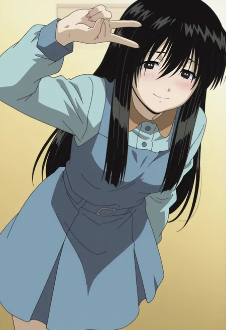 masterpiece, best quality, amazing quality, anime coloring, anime screencap,  1girl, solo, <lora:DX888OhnoIL:1> kanako ohno, black hair, long hair, black eyes, smile, blush, pinafore dress, BREAK   dynamic pose, simple background,   yellow  background gradient background, from above, v,