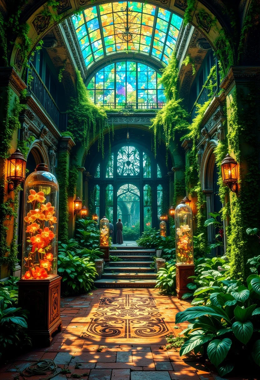 The Star-Touched Moss Garden
A hidden ballroom encased in glass, nestled within an ancient, overgrown temple where deep green moss and cascading ivy blanket the walls. The ceiling, fractured into stained-glass fragments, projects a spectrum of celestial colors onto the polished oak floor, rich with engravings of ancient botanical runes. Massive terrariums, holding suspended orbs of light, cast gentle glows on the soft foliage. The air carries the scent of pine resin, wet stone, and glowing orchid petals, whispering of forgotten rituals beneath an endless sky.