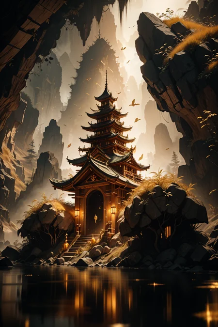 <lora:Calligraphy-ink-style-darquelilly-v1:0.7> calligraphyinkstyle, volumetric lighting, mysterious magical atmosphere, masterpiece, award winning picture, made of melded gold, its hiding a treasure of gold in a cave surrounded by melted gold, <lora:dAIversity-LoRAtest-Photoreal-SD15-01:0.8>