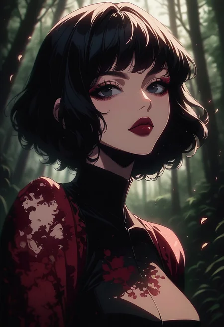 score_9, score_8_up, score_7_up, score_6_up,
SHSLG, detailed drawing, 1girl, solo, black hair, looking at viewer, short hair, bangs, closed mouth, dress, black eyes, dutch angle, red lips, fair skin, big breasts, dark forest, dappled moonlight, upper body, blood, lowered head